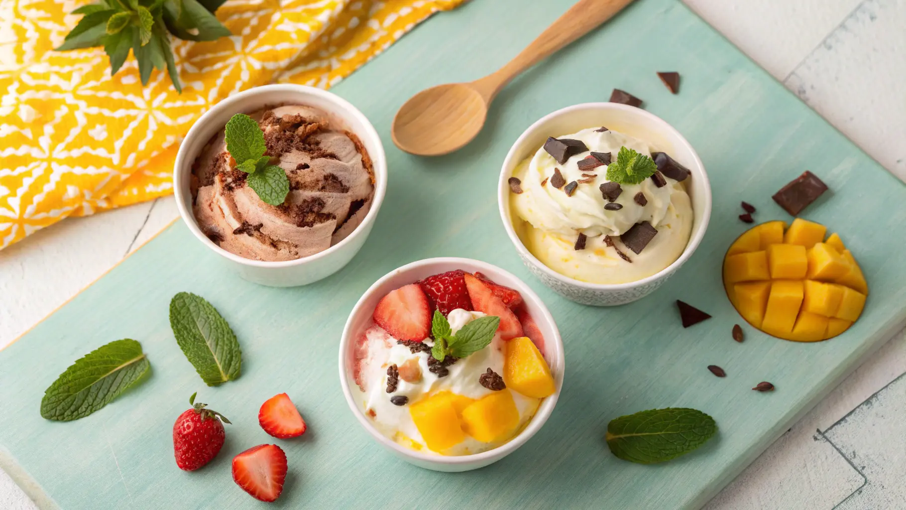 Cottage Cheese Nice Cream Trio – Chocolate, Mango, and Strawberry Variations