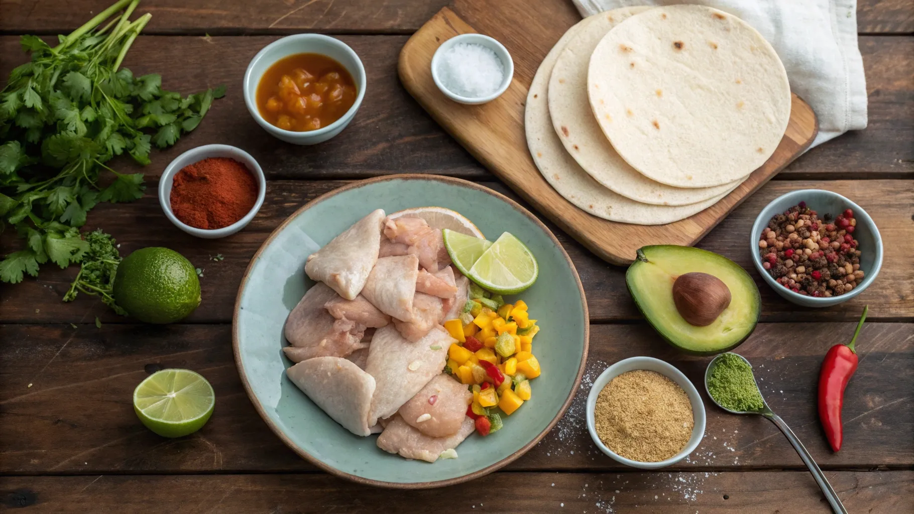 Colorful Flat Lay of Chicken Taco Ingredients