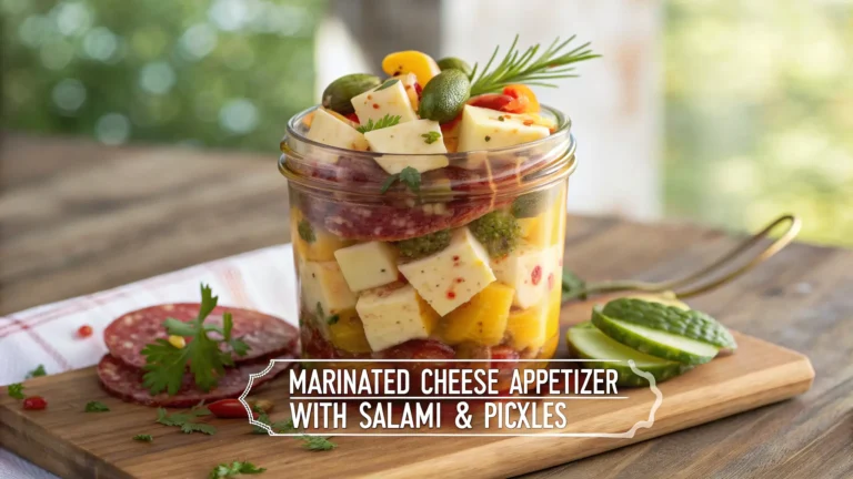A glass jar filled with marinated cheese cubes, salami slices, and pickles, garnished with fresh herbs, on a wooden board outdoors
