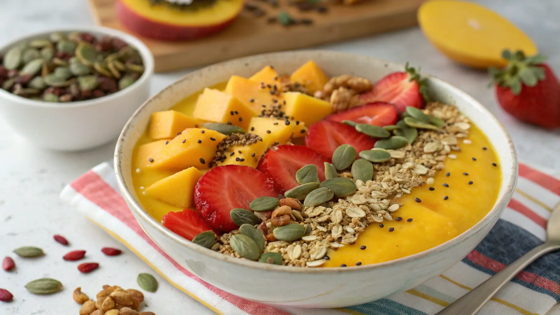Pineapple Mango Smoothie Bowl with Fresh Fruits and Seeds