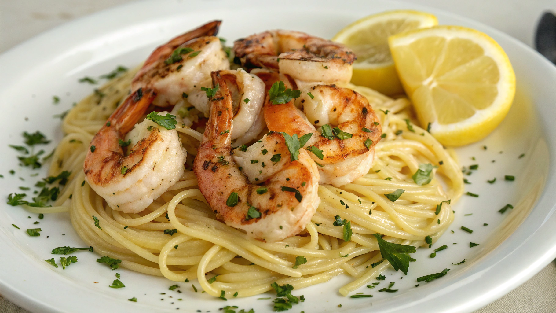 A Plate of Grilled Shrimp Scampi Over Garlic Butter Pasta with Lemon Wedges