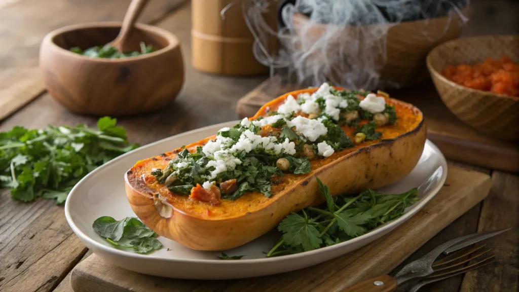 A steaming plate of stuffed butternut squash garnished with fresh herbs and crumbled feta