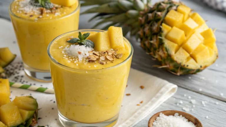Creamy Pineapple Mango Smoothie with Coconut and Crunchy Toppings