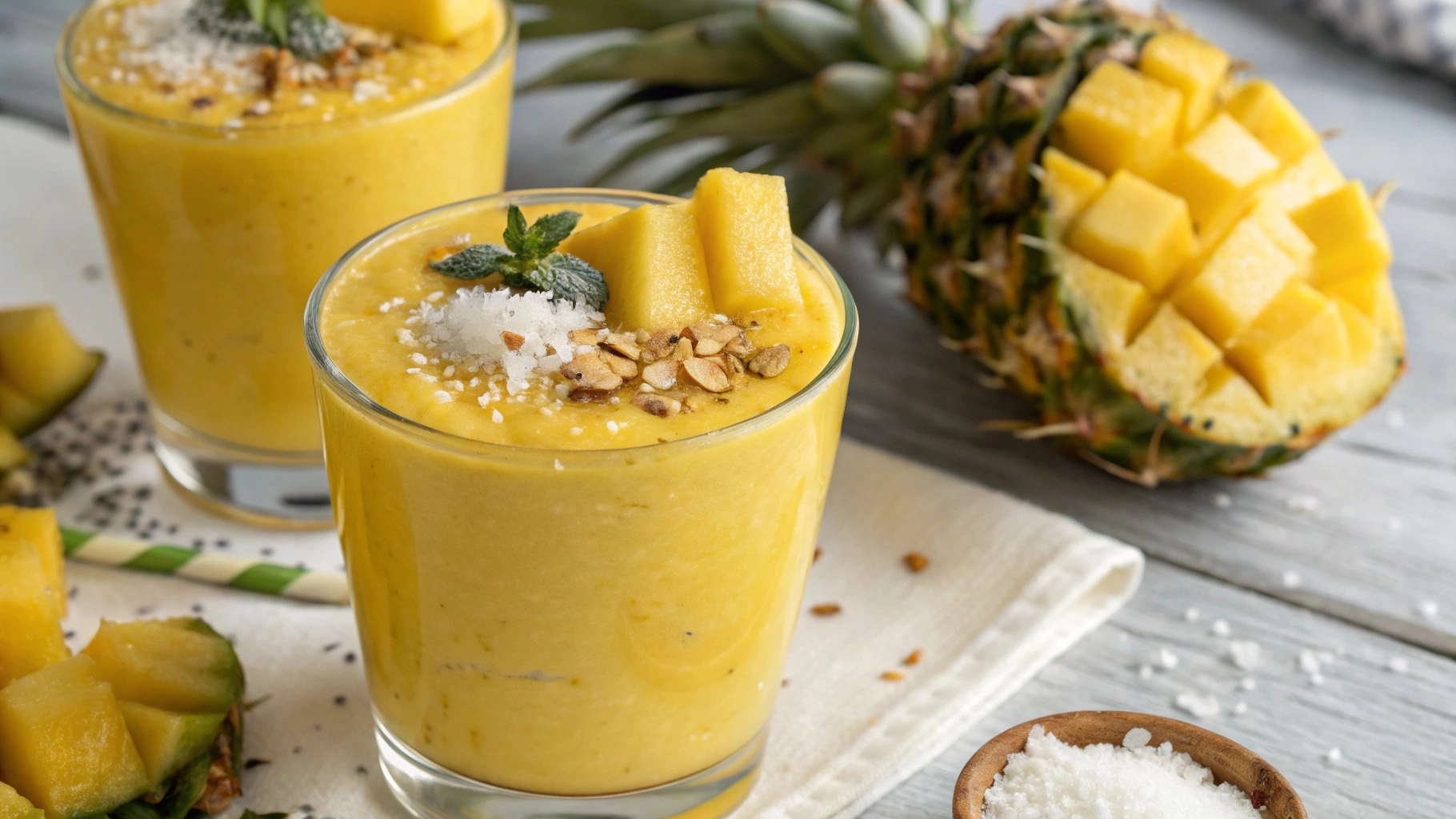 Creamy Pineapple Mango Smoothie with Coconut and Crunchy Toppings