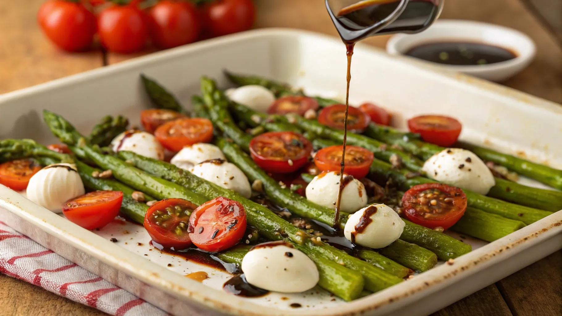 Drizzling Balsamic Glaze on Roasted Caprese Asparagus