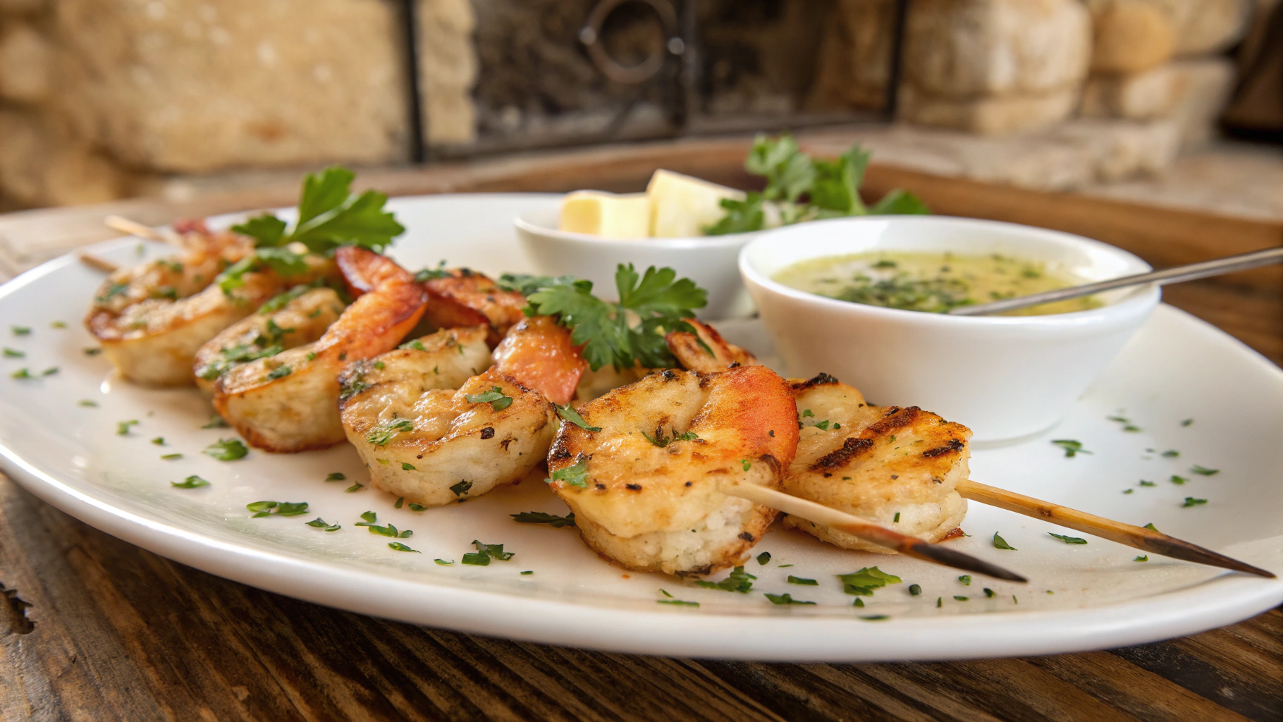 Juicy Grilled Shrimp Scampi on Skewers with Herb Garlic Butter, Served on a White Plate