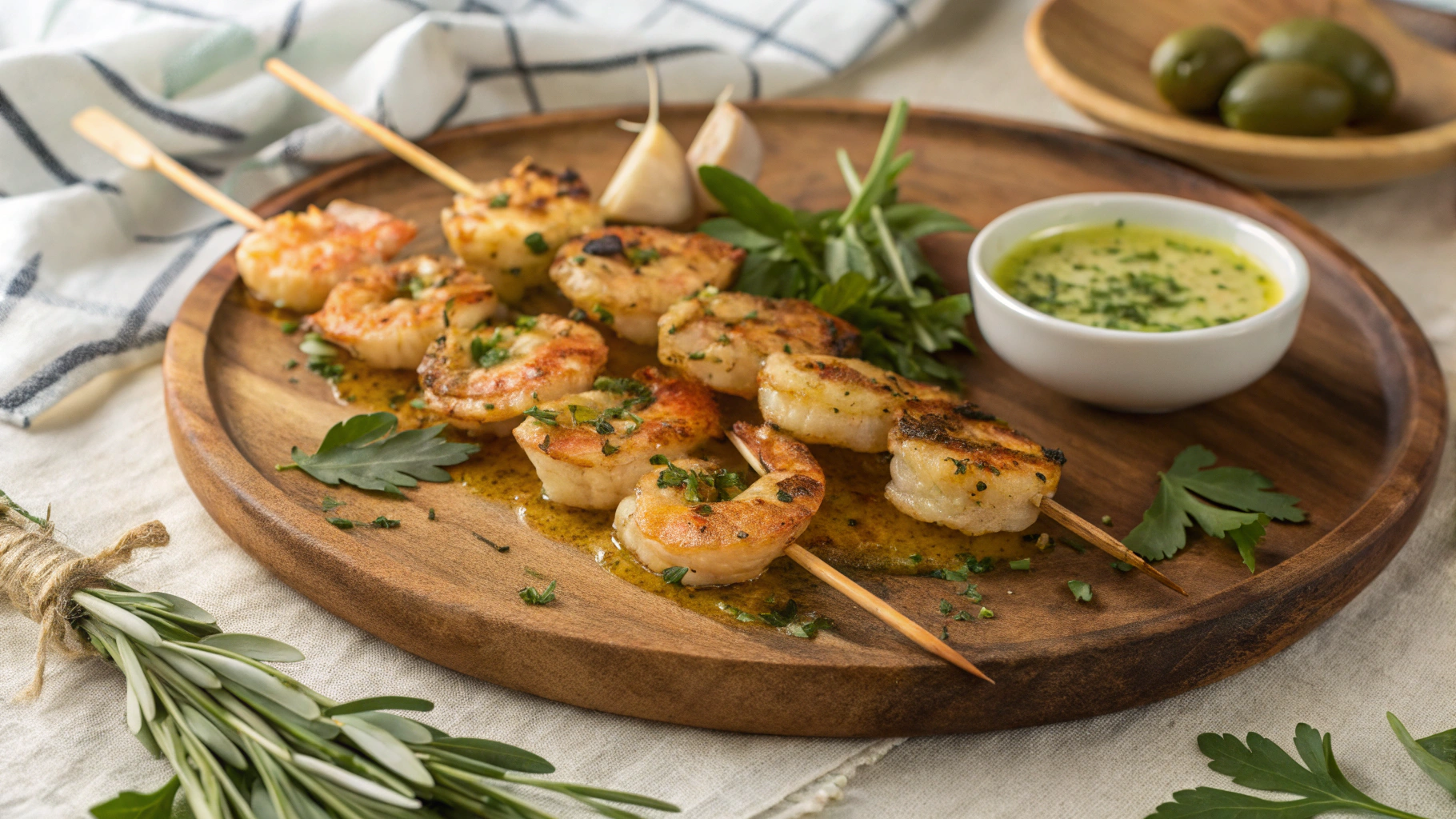 Grilled Shrimp Scampi Skewers on a Wooden Platter with Garlic Butter Sauce