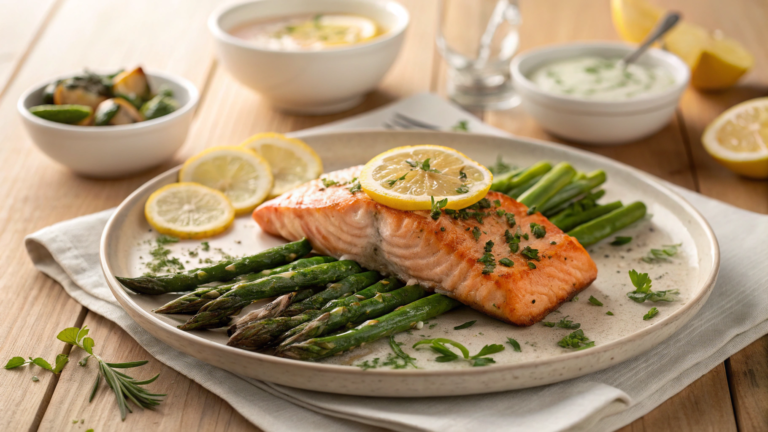 baked-salmon-with-asparagus-lemon-plate-serving
