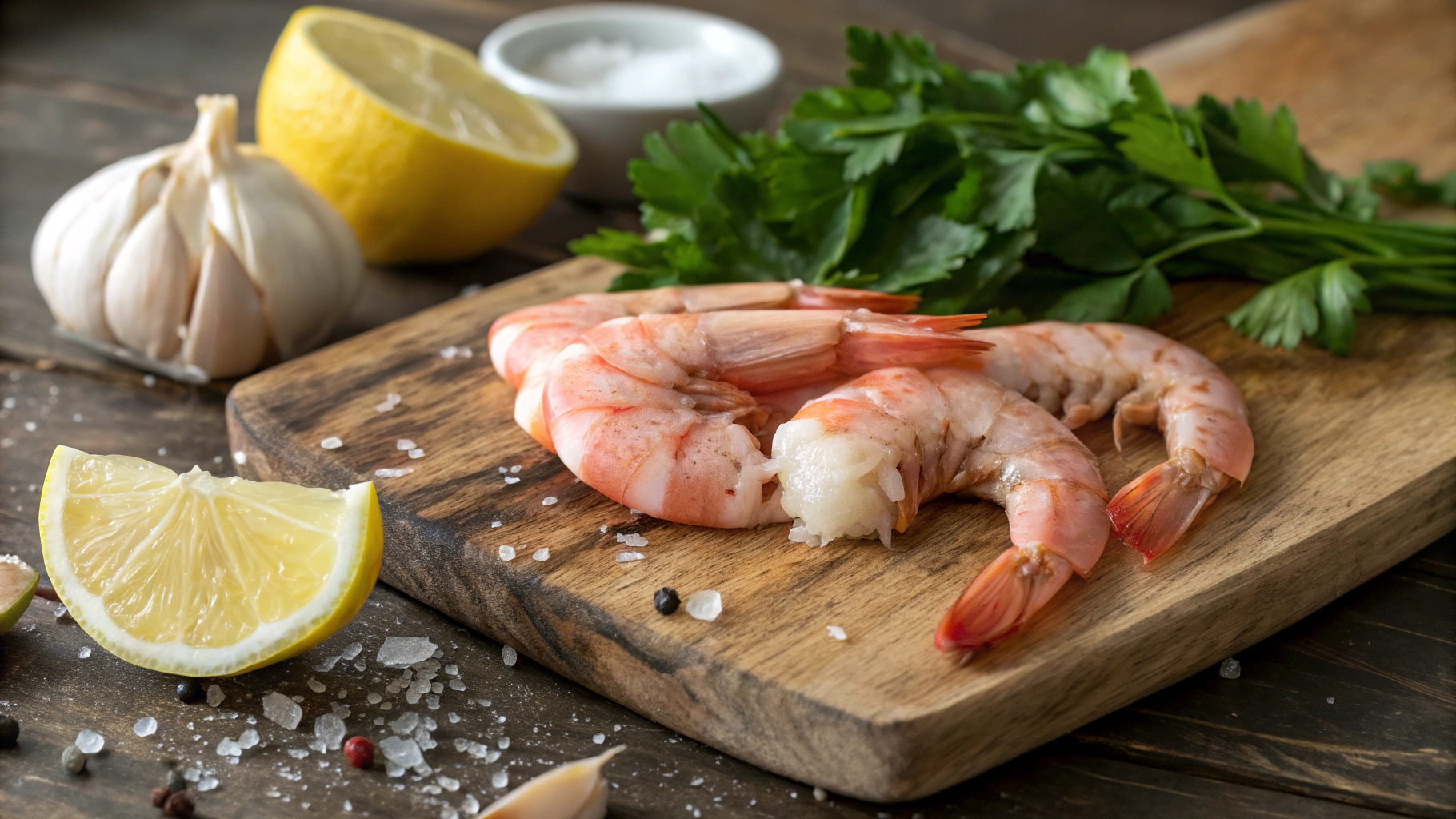 Fresh Raw Shrimp Deveined Next to Garlic Cloves, Lemon, and Parsley on a Wooden Cutting Board