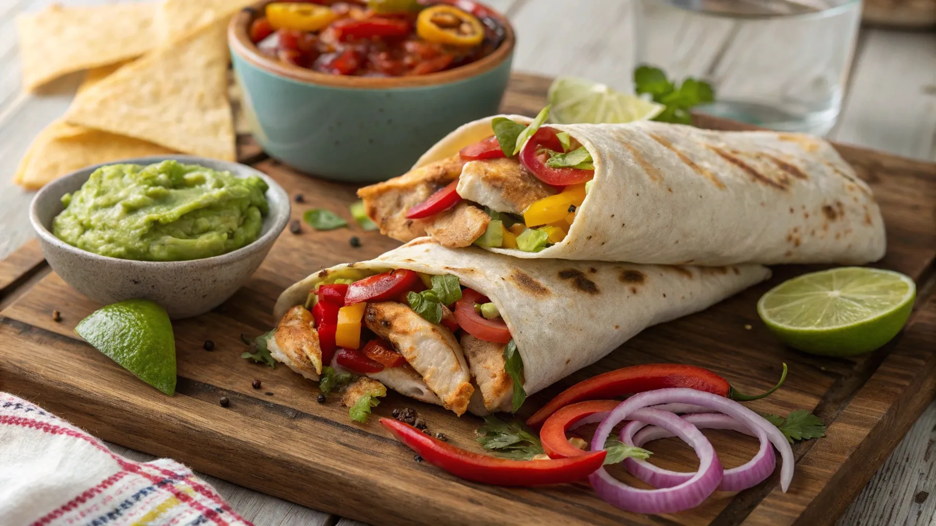 freshly-made-chicken-fajita-wraps-with-guacamole-and-salsa