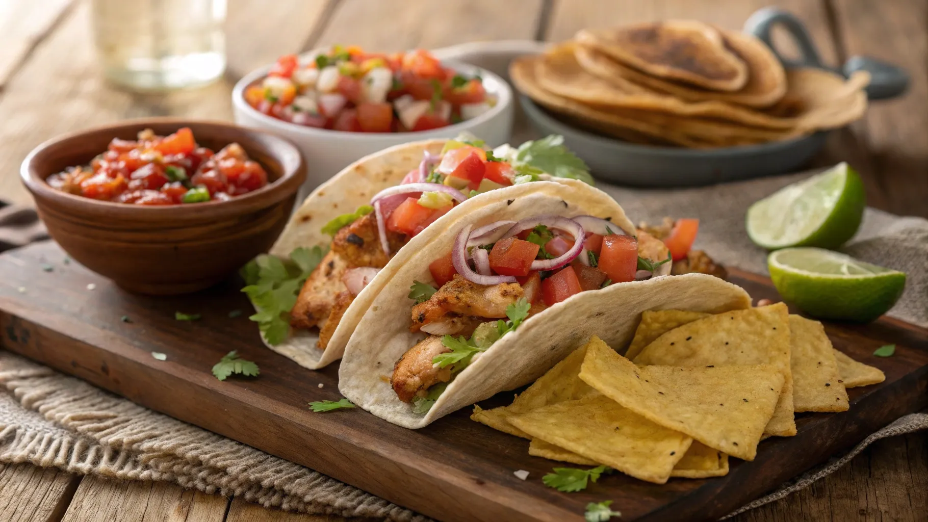 Freshly Prepared Chicken Tacos with Garnishes