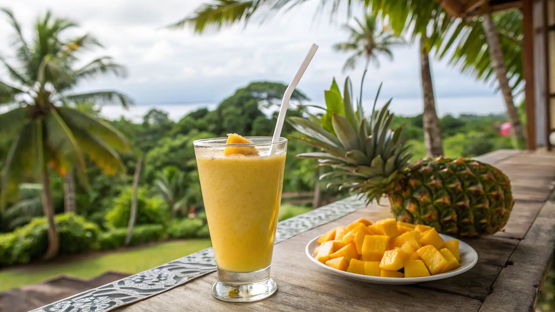 Tropical Pineapple Mango Smoothie with a Scenic Island View