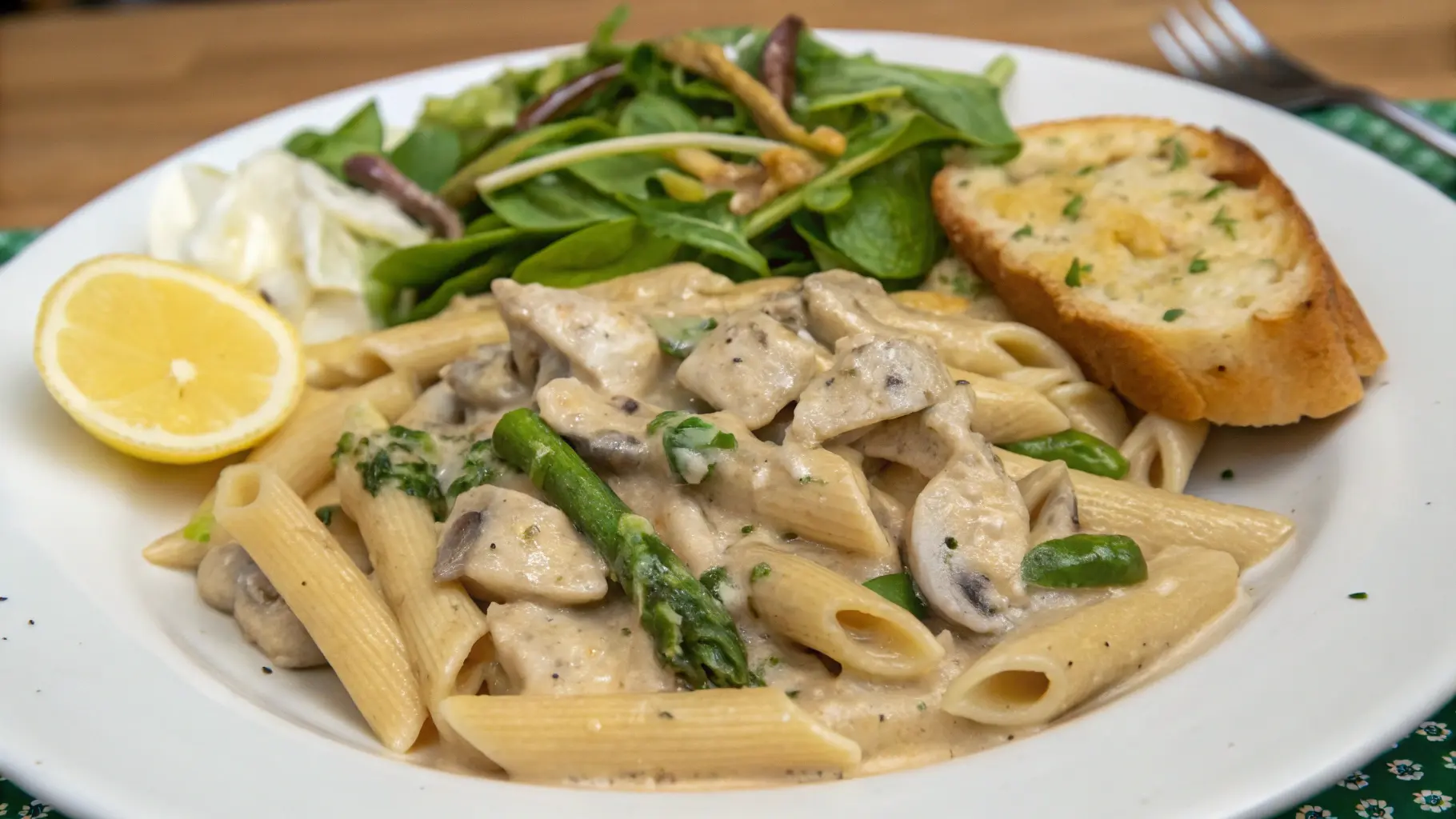Creamy Mushroom and Asparagus Chicken Penne with Fresh Salad and Garlic Bread