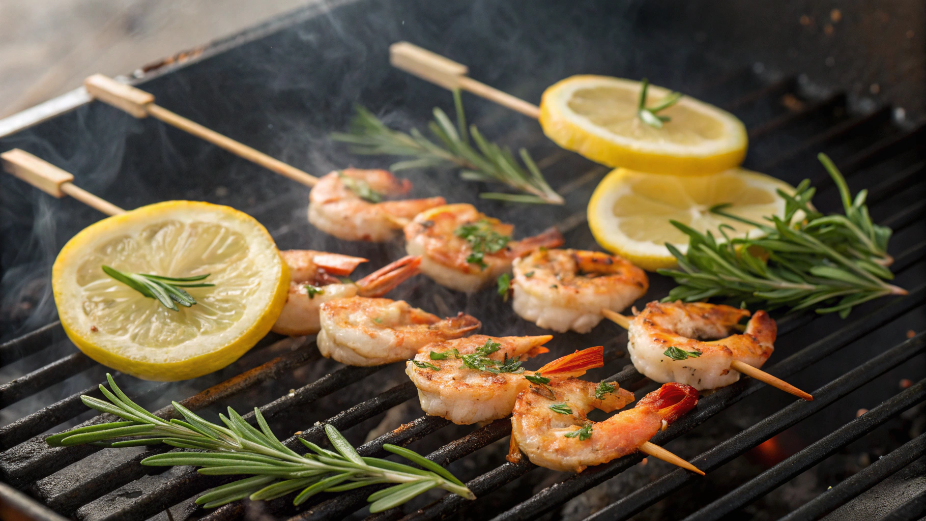 Shrimp Skewers Sizzling on a Charcoal Grill with Lemon and Rosemary