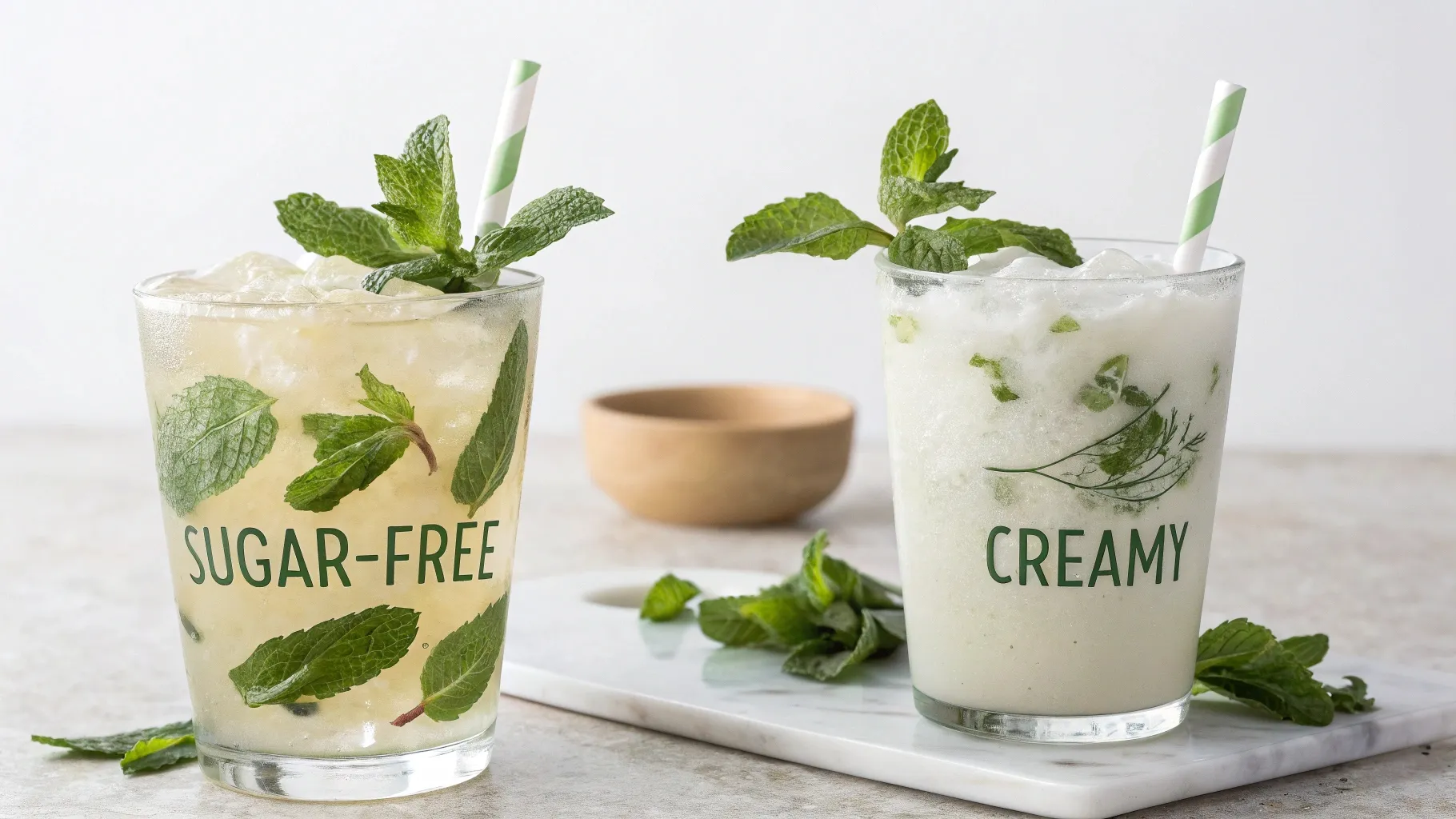 side-by-side-photo-of-two-mojitos--one-sugar-free--one-creamy--mint-garnish