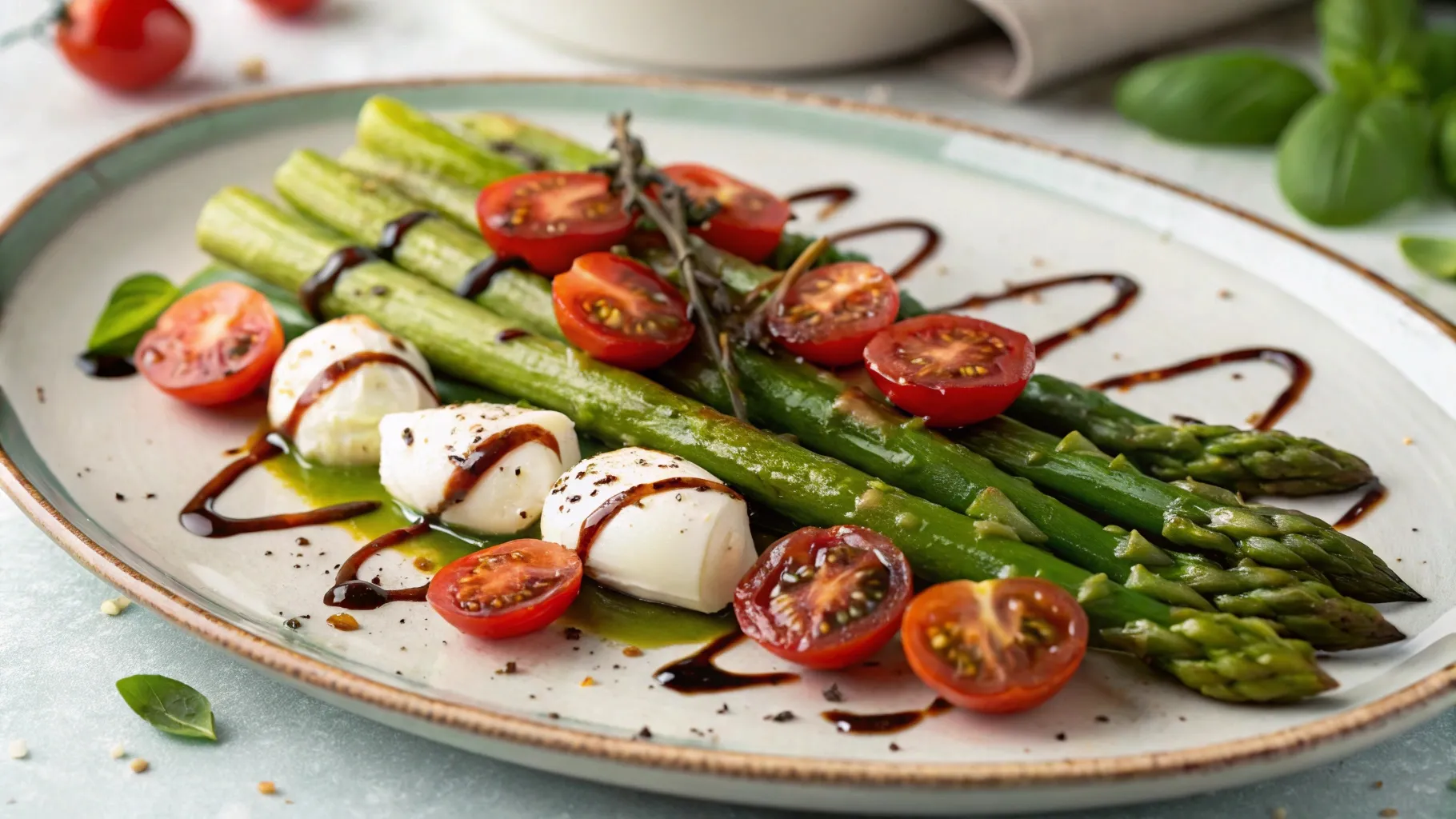 Baked Caprese Asparagus with Mozzarella and Tomatoes