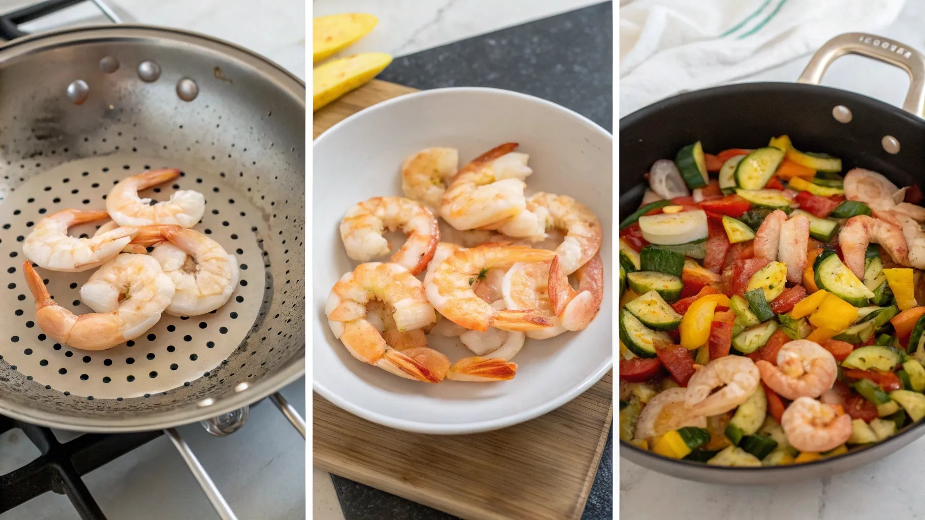 shrimp-thawing-cooking-and-stir-fry-veggie-mix-process