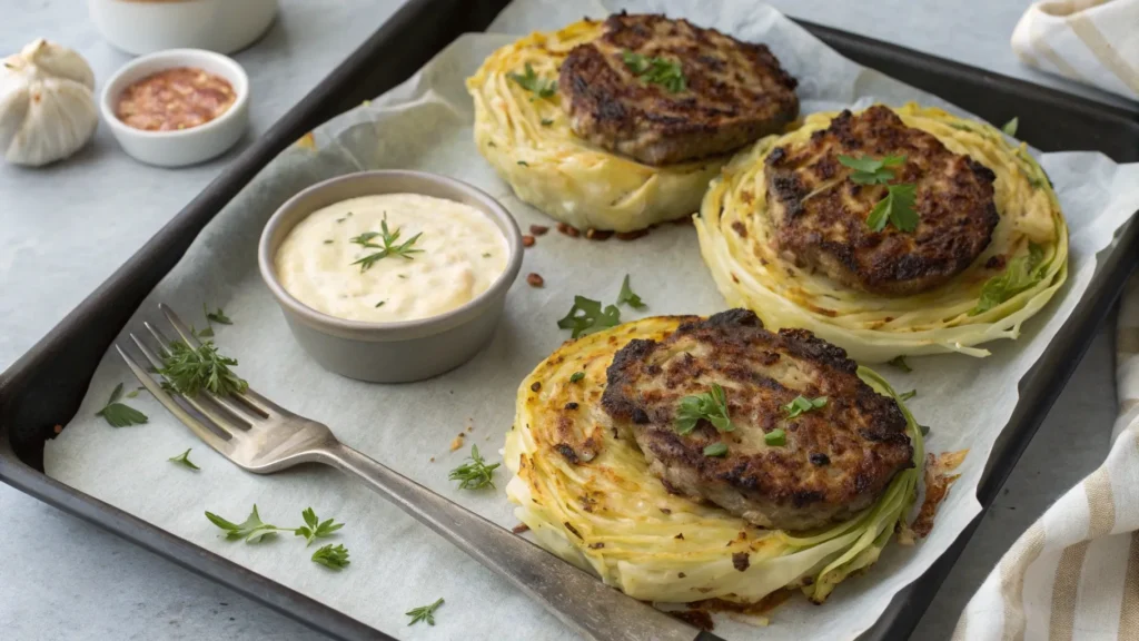 oven baked-cabbage-burgers-and-herb-dip-on-tray
