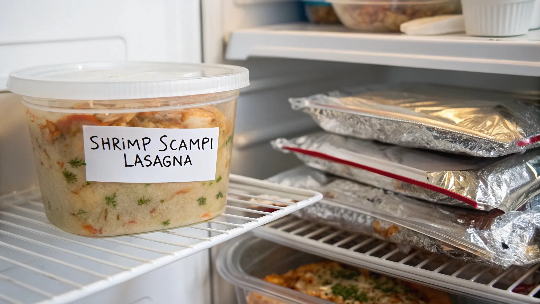 Frozen Shrimp Scampi Lasagna Stored in Airtight Container – Freezer-Friendly Meal Prep