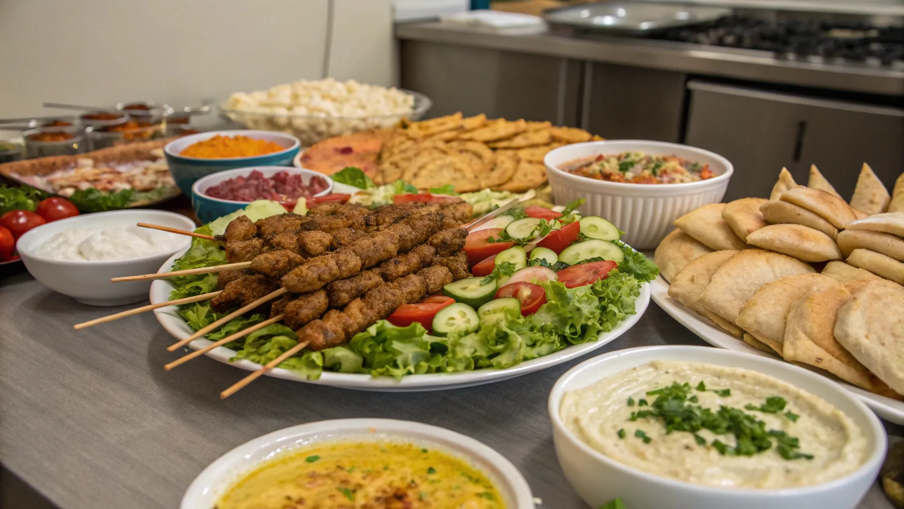 a table full with chicken kafta kebab