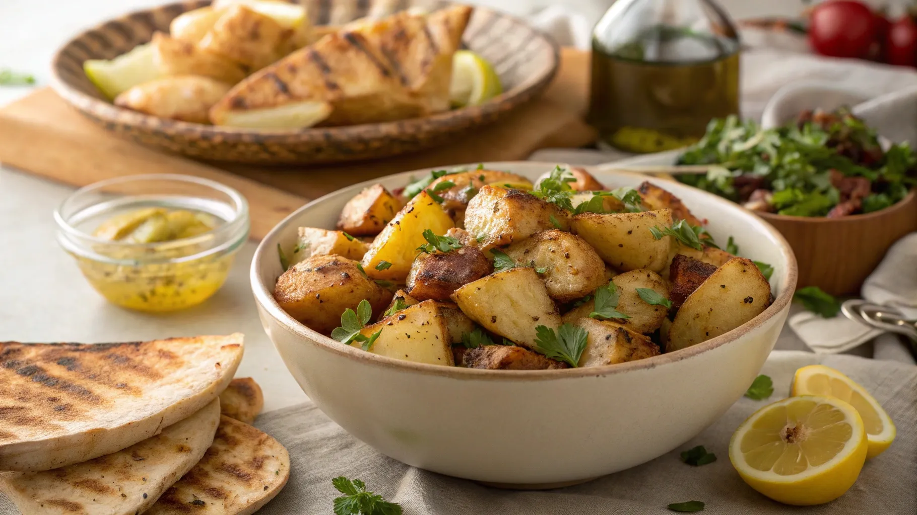 crispy-potato-salad-in-rustic-bowl-with-lemon-flatbread-and-herb-dressing