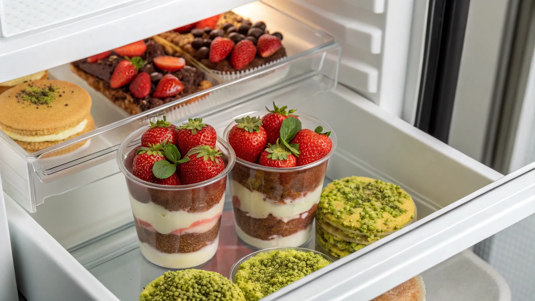 dubai chocolate strawberry cups stored in fridge