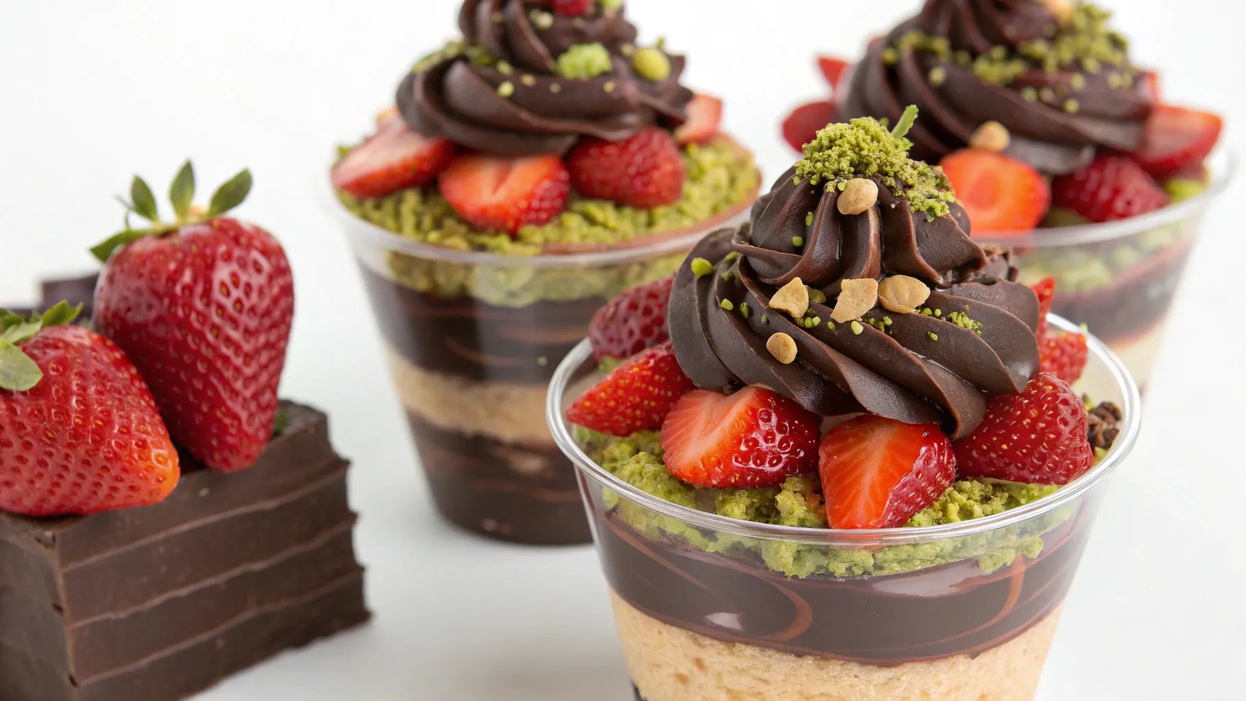 dubai chocolate strawberry cups close up shot