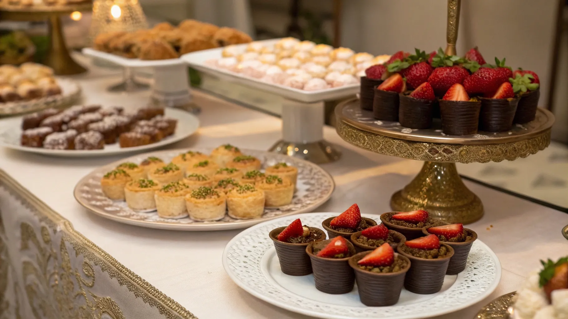 dessert table full and with dubai chocolate strawberry cups