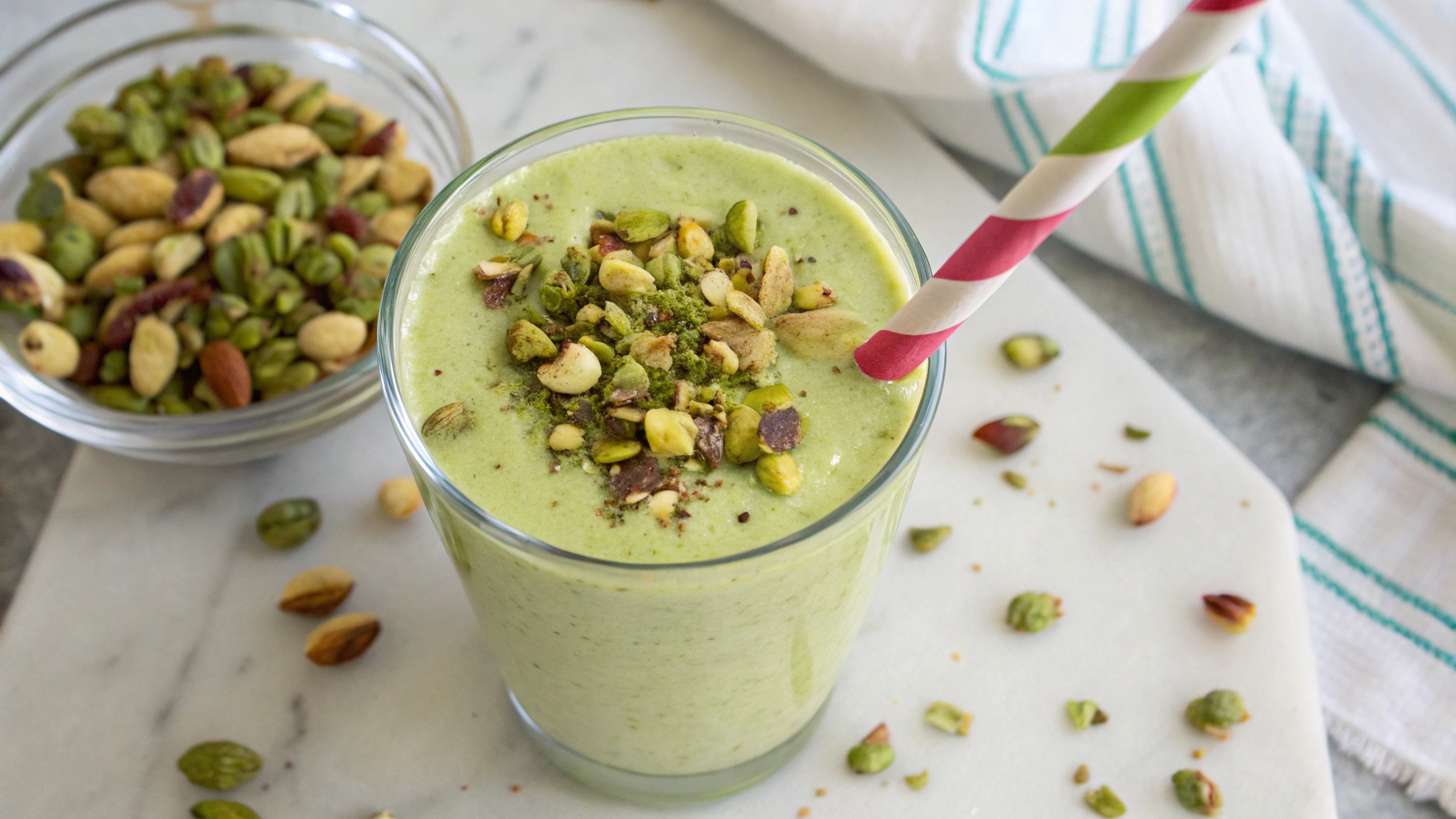 glass of pistachio smoothie topped with chopped pistachios