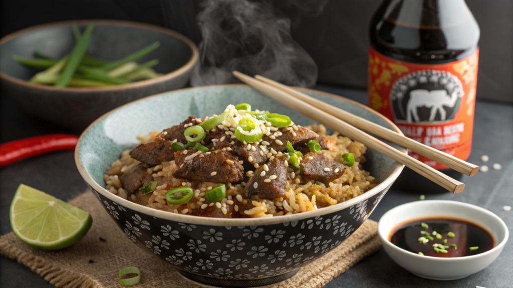 onion-beef-fried-rice-in-black-bowl-with-chopsticks-and-sesame-seeds