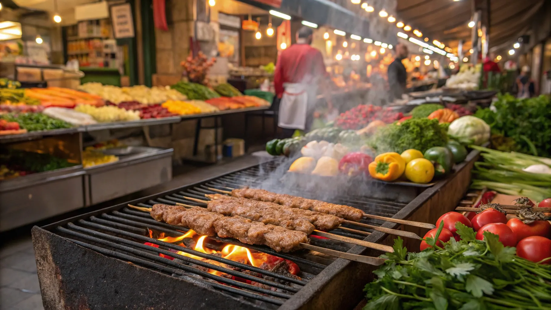 scene showing chicken katfa kebab grilled