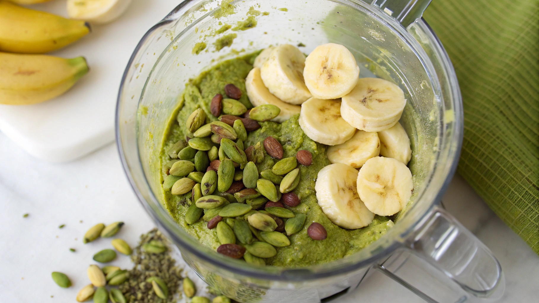pistachios and bananas being blended