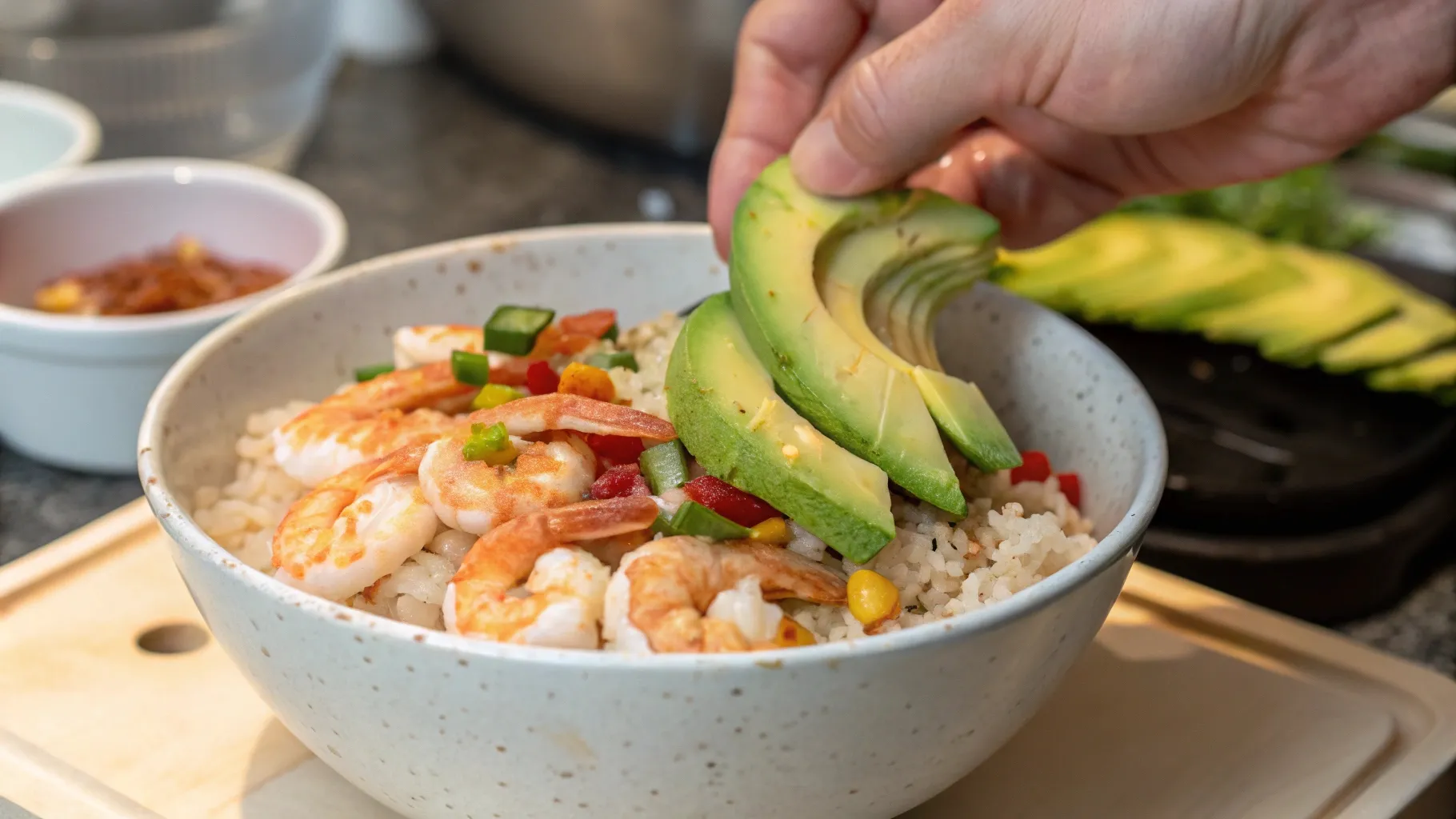 shrimp-avocado-rice-bowl-assembly-step-closeup