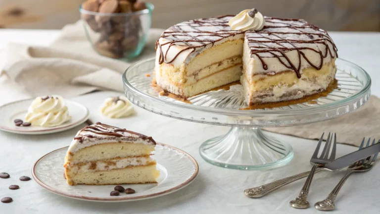classic-cream-filled-layer-cake-with-chocolate-drizzle-and-serving-plate