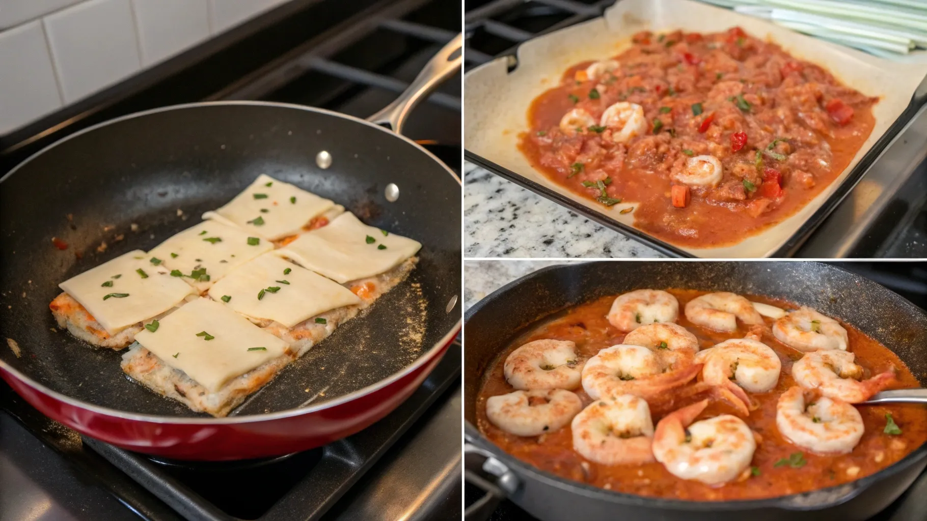 Step-by-Step Shrimp Lasagna Prep – Sautéed Shrimp, Simmered Sauce, and Melty Cheese Layers