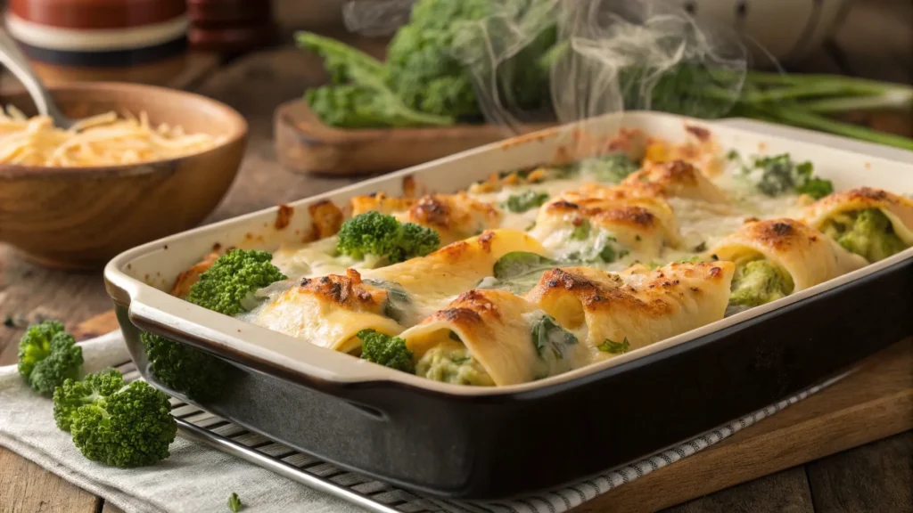 a baking dish of Cheesy Chicken & Broccoli Stuffed Shells