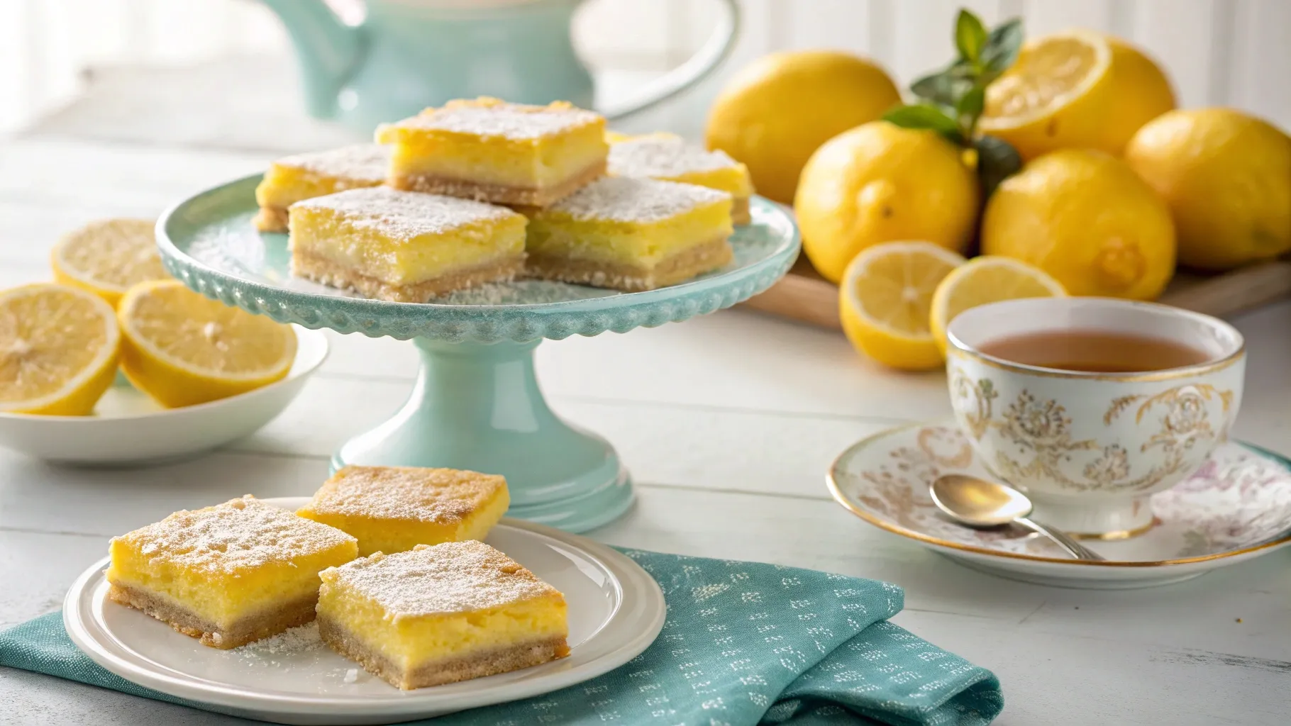 a table setting with creamy lemon squares