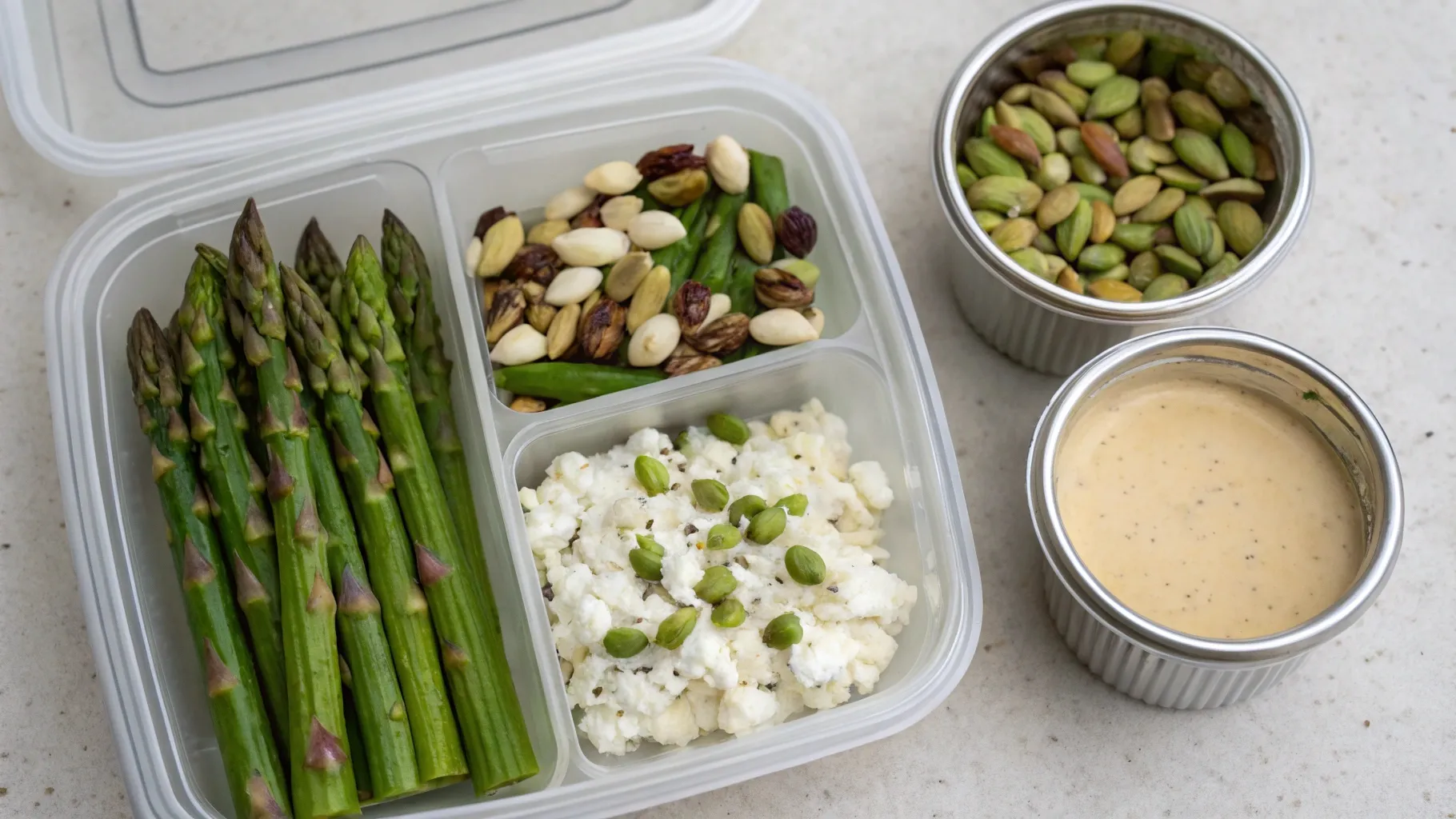 container with Pistachio & Feta Asparagus Salad