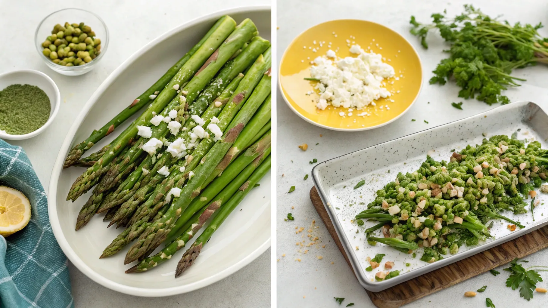 the making of Pistachio & Feta Asparagus Salad