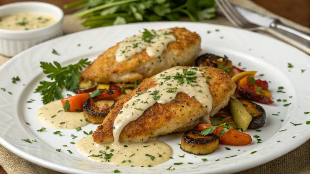 Parmesan Crusted Chicken with Creamy Garlic Sauce