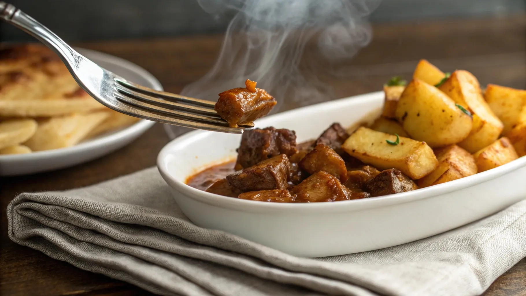 a close up fork of Crispy Potatoes Saucy Beef