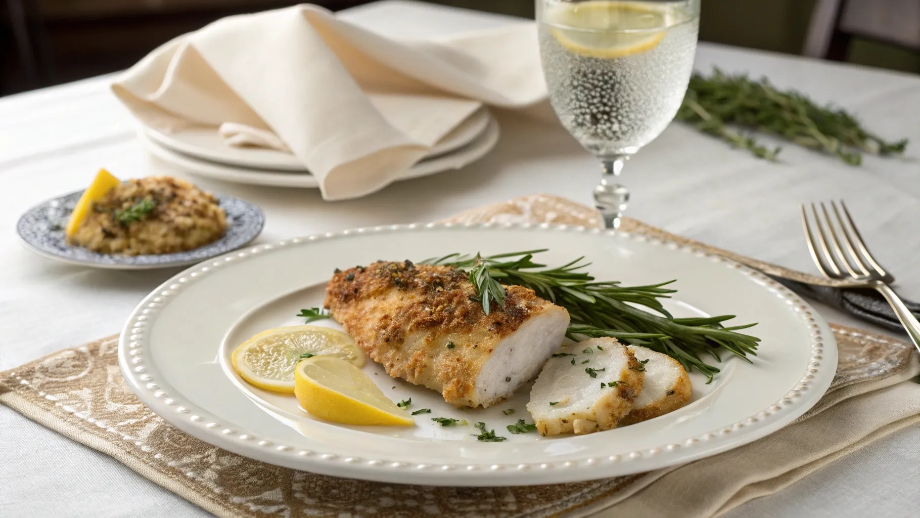 table setting for Parmesan Crusted Chicken with Creamy Garlic Sauce