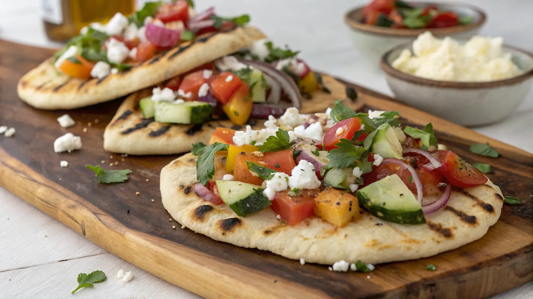 grilled naan flatbreads with colorful toppings