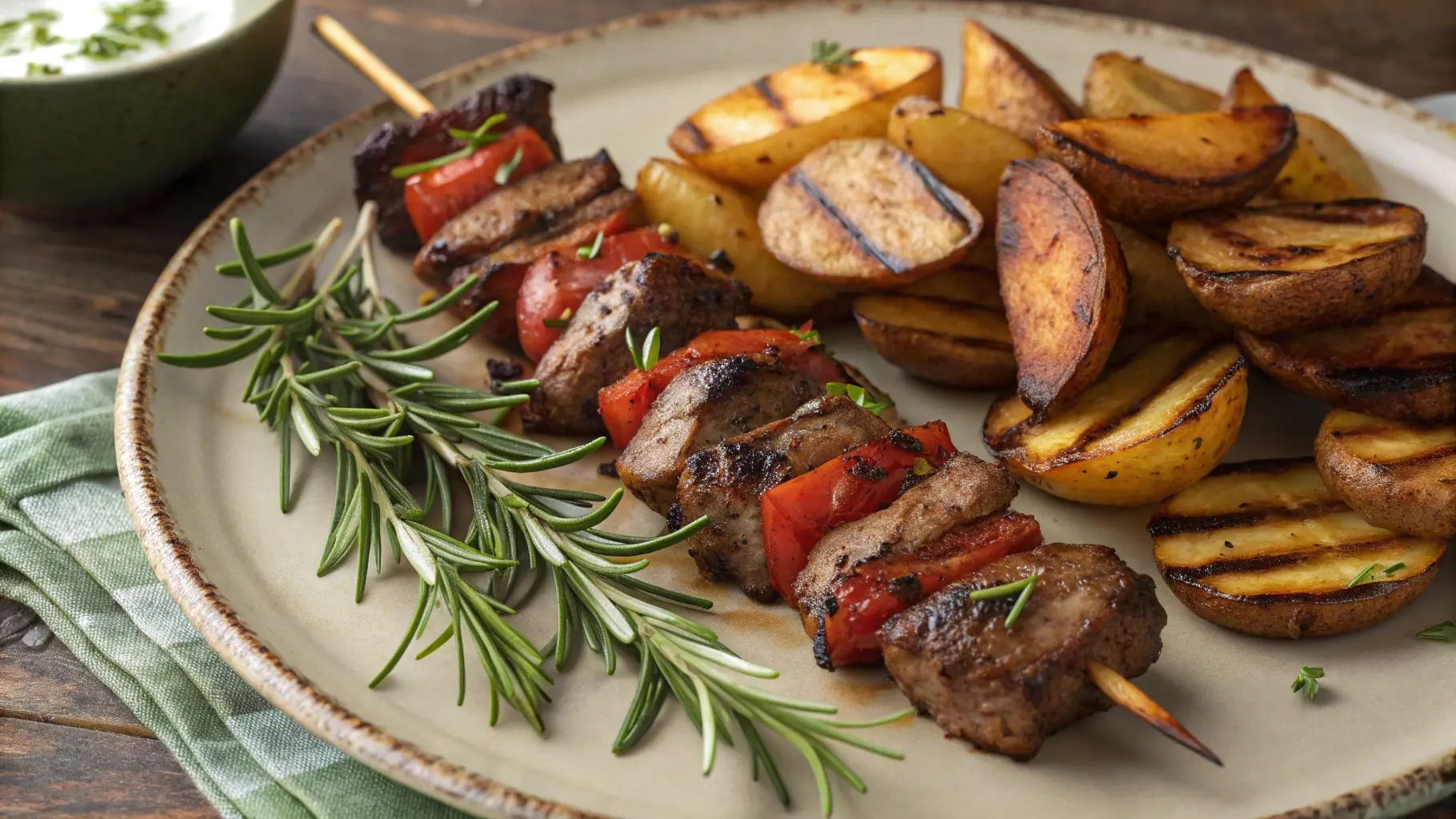 grilled steak skewers next to roasted potatoes