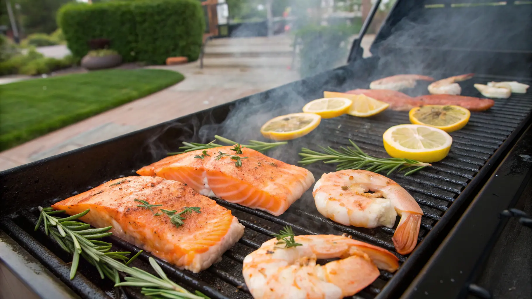 shrimp and salmon cooking on grill
