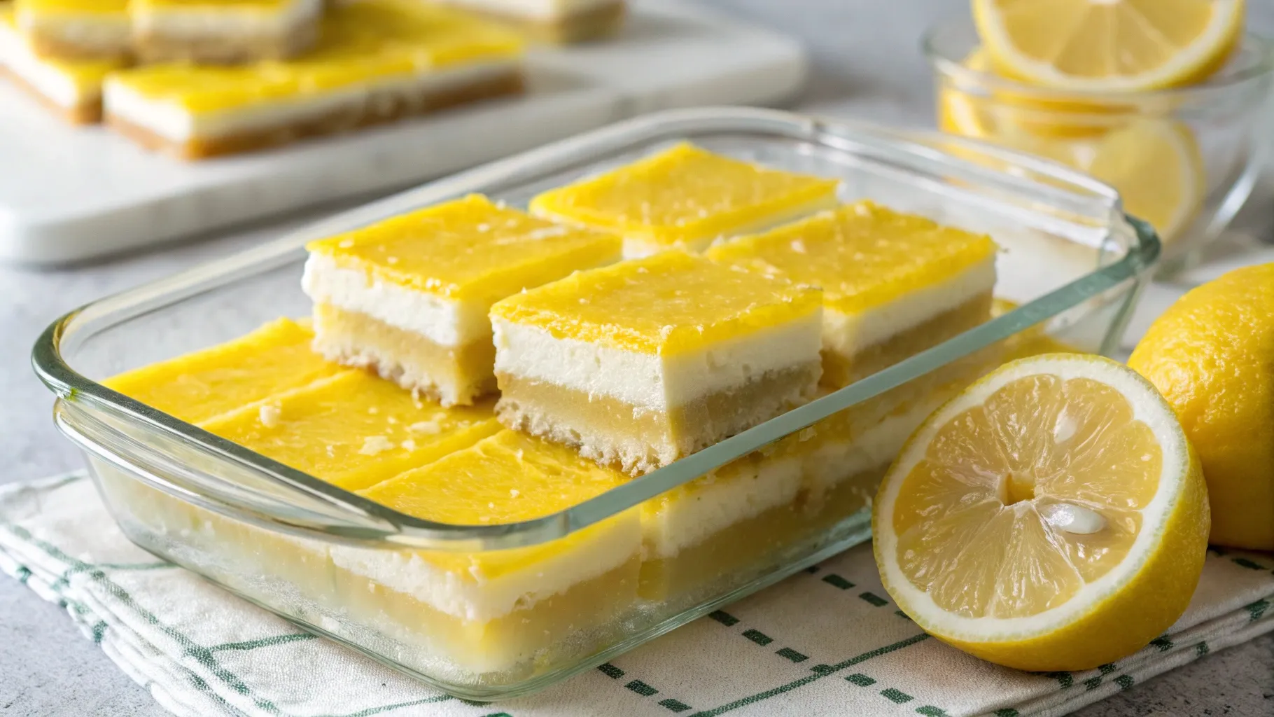 creamy lemon squares layered in a glass container