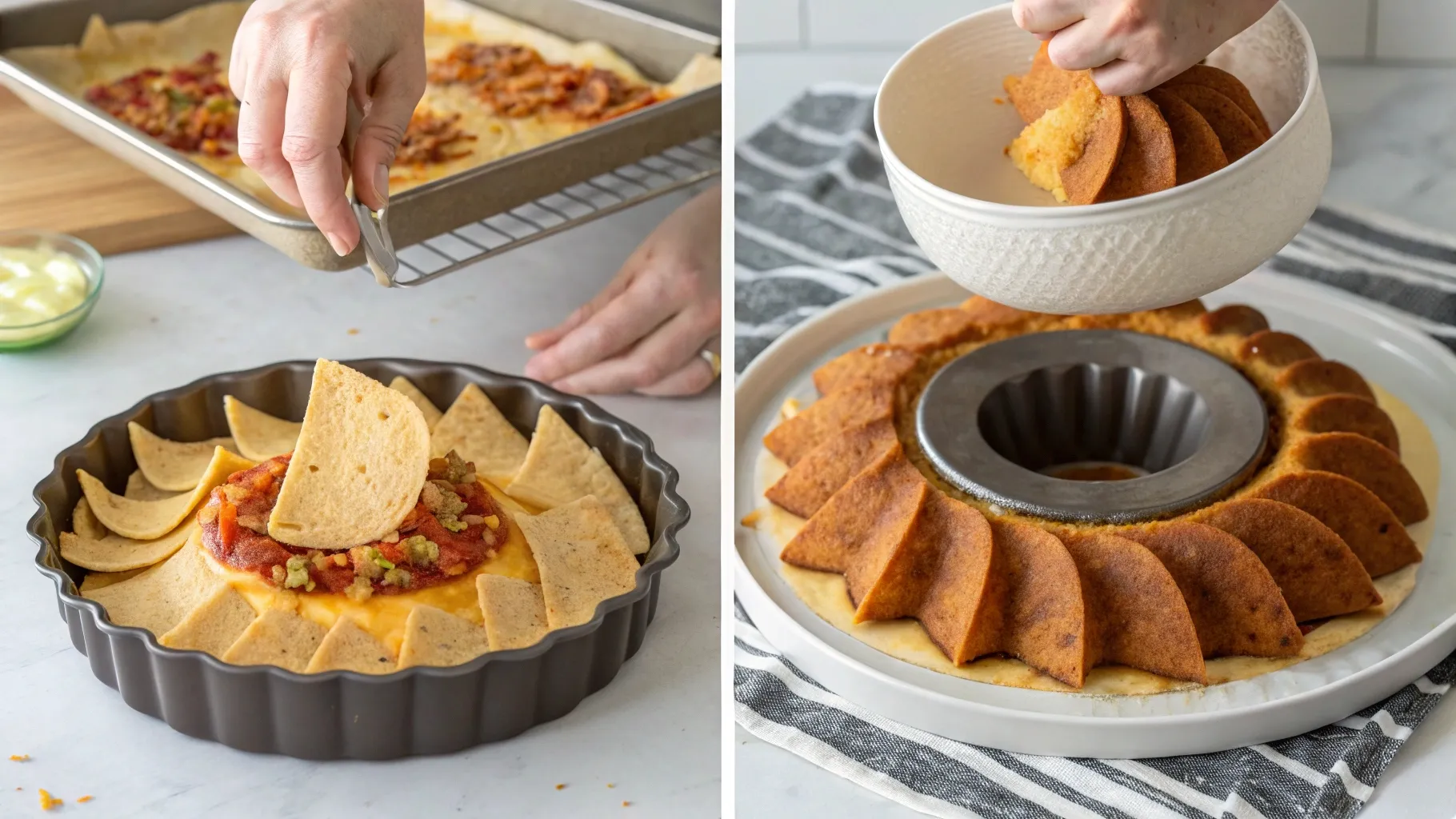 the making of Bundt Pan Nachos