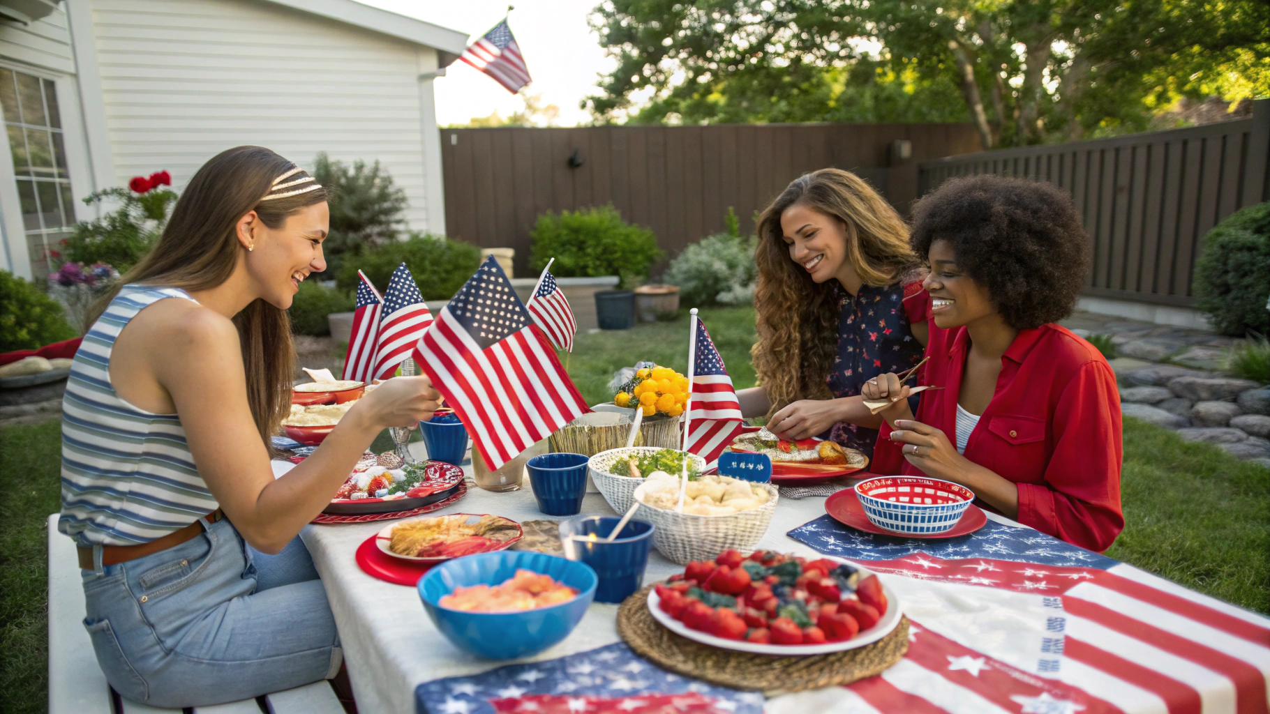 Friends gathered outdoors around a colorful spread of appetizers